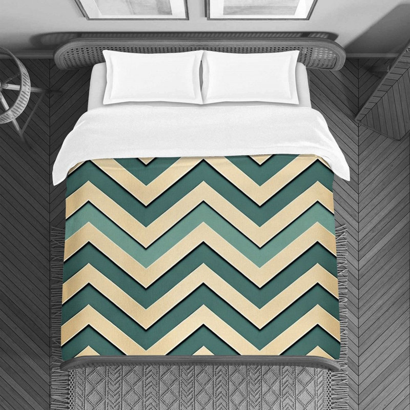 Housse de couette à motif de chevrons doré / vert, Housse de couette pour très grand lit
