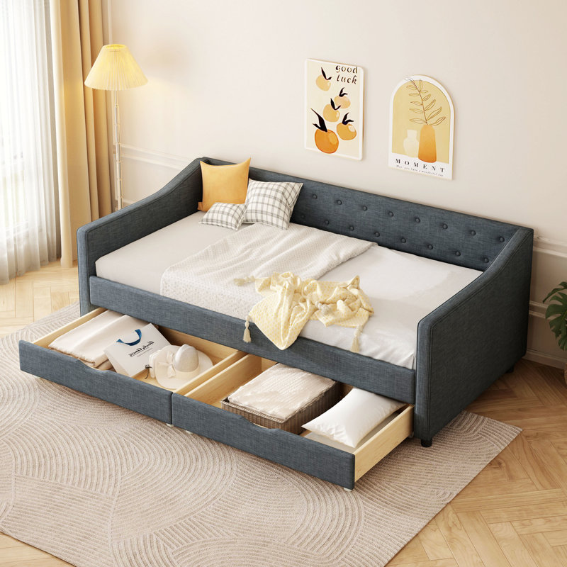 Lit de jour avec tiroirs, lit rembourré avec boutons capitonnés et accoudoirs, Lit simple, Gris foncé