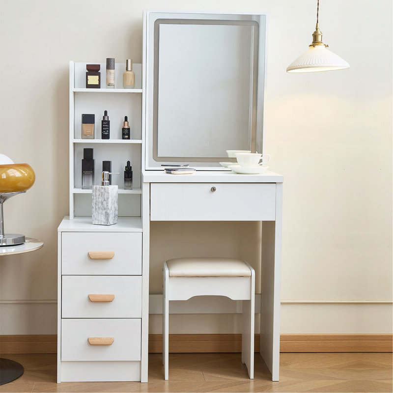 Bureau de coiffeuse avec miroir coulissant et lumières, ensemble de coiffeuse à maquillage avec 4 tiroirs, tabouret, tablettes ouvertes, 3 modes d'éclairage réglables de couleur, coiffeuse à maquillage pour la chambre à coucher