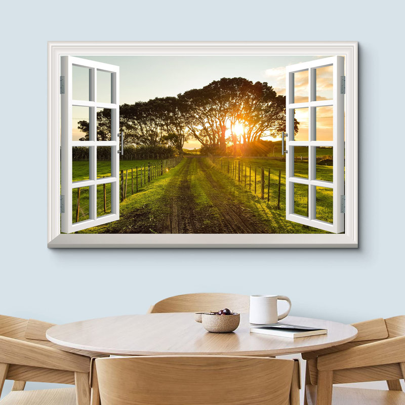 «Window View Of Country Road At Sunset Nature Images Rustic Scenic Relax Calm Ultra» sur toile, H 24 po x l 36 po