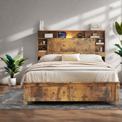 Lit en bois moderne peu encombrant avec rangement, DEL et USB, confort pour la maison