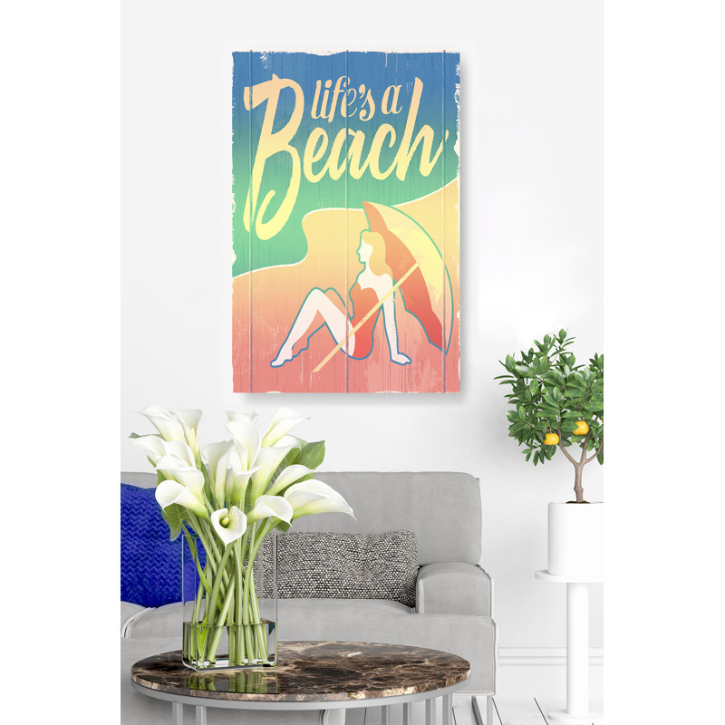 «Mccutchen Life's a Beach Lady in Waiting Under Her Umbrella with a Modern Vintage Touch», reproduction d'art textuel sur toile tendue