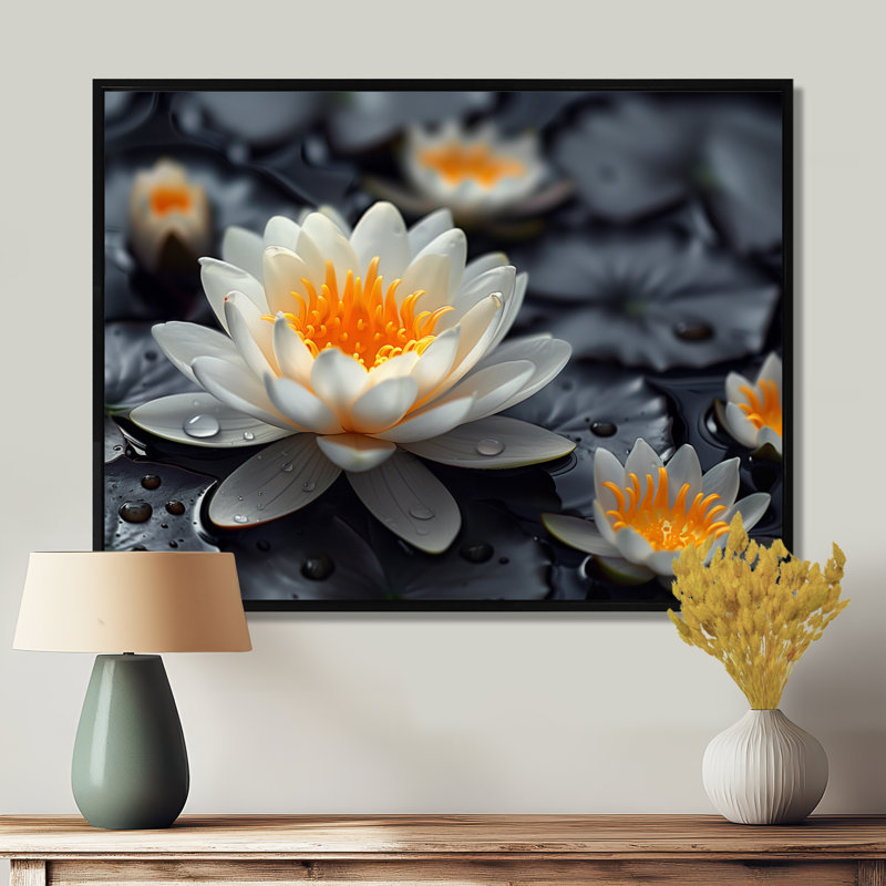 Photo de lotus blanc et jaune jardin glamour lotus, Cadre flottant noir, H 24 po x l 32 po