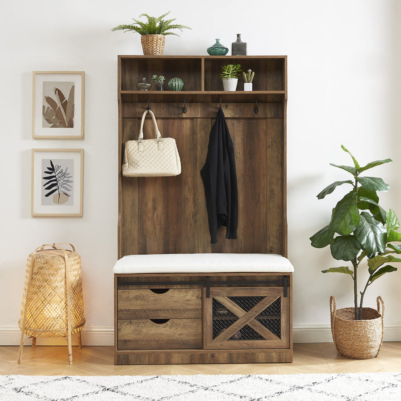 Syndi Hall Tree 40.6'' Wide with Bench and Shoe Storage, Rustic Oak