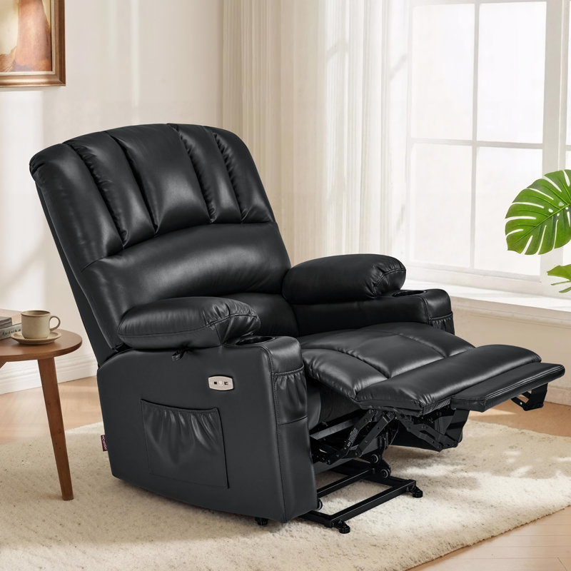 Power Recliner Lift Chair with Heat and Vibration Massage, Faux Leather, Black