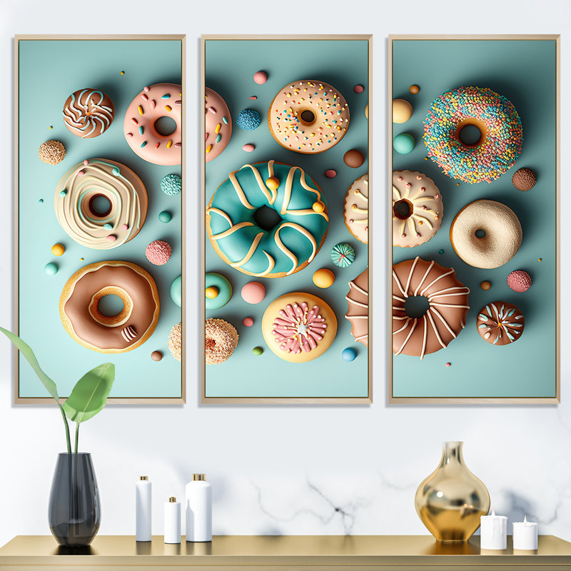 «Colorful Donuts Flatlay V», reproduction de 3 pièces sur toile, H 32 po x l 48 po x P 1 po, Cadre naturel flottant