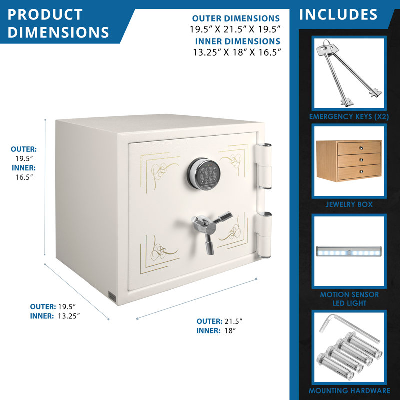 Keypad Fireproof Jewellery Safe in Elegant White, 19.5" H x 21.5" W x 19.5" D