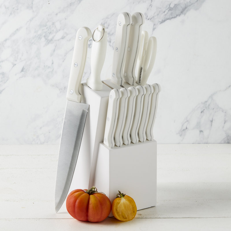 Basic Essentials 12-Piece Stainless Steel Kitchen Knife Set With Wood Block, White