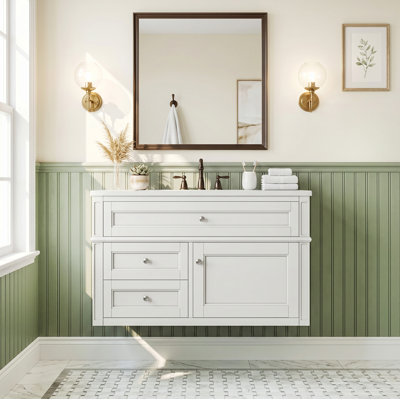 36 inch MDF Wall-Mounted Bathroom Vanity White Soft-Close Integrated Ceramic Glossy White Comes with Drawers & 3-Hole Single Ceramic Sink