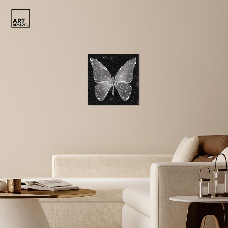 Sparkling Silver Butterfly Canvas Art Print with Wooden Frame