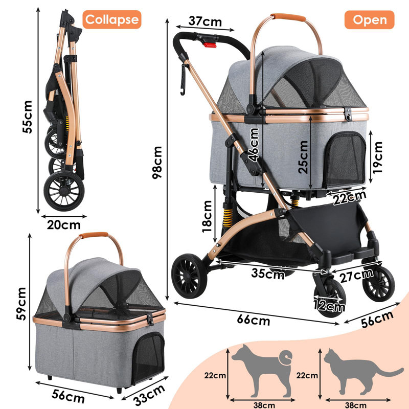 Foldable Pet Stroller, Grey/Gold