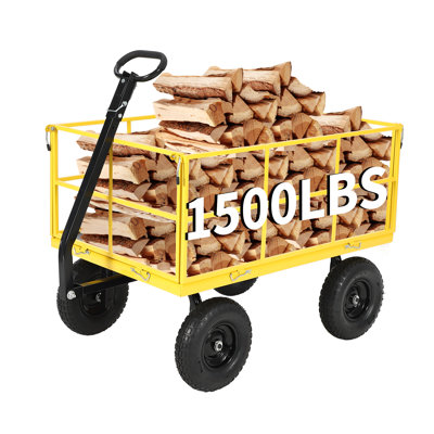 Chariot de jardin robuste en acier 1400 lb - Chariot utilitaire d'extérieur 3-en-1 avec côtés en filet amovibles, roues tout-terrain de 13 po, poignée pivotante à 180 °, roues de 13 po, moyeux noirs + cadre jaune + guidon noir