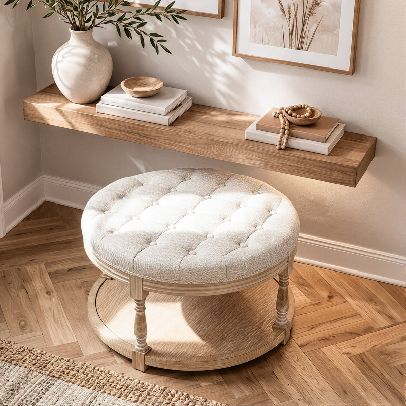 32.1'' W Round Upholstered Ottoman Coffee Table with Lower Storage Shelf and Tray-Friendly Top