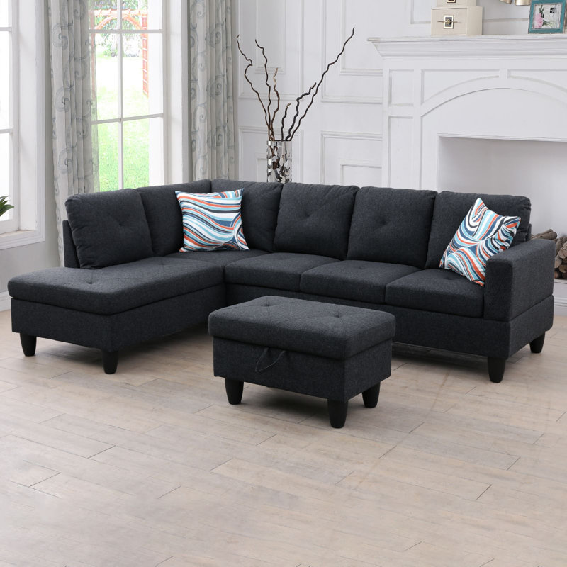 Halid Wide Sofa & Chaise with Ottoman, Right Hand Facing, Steel Blue Microfiber