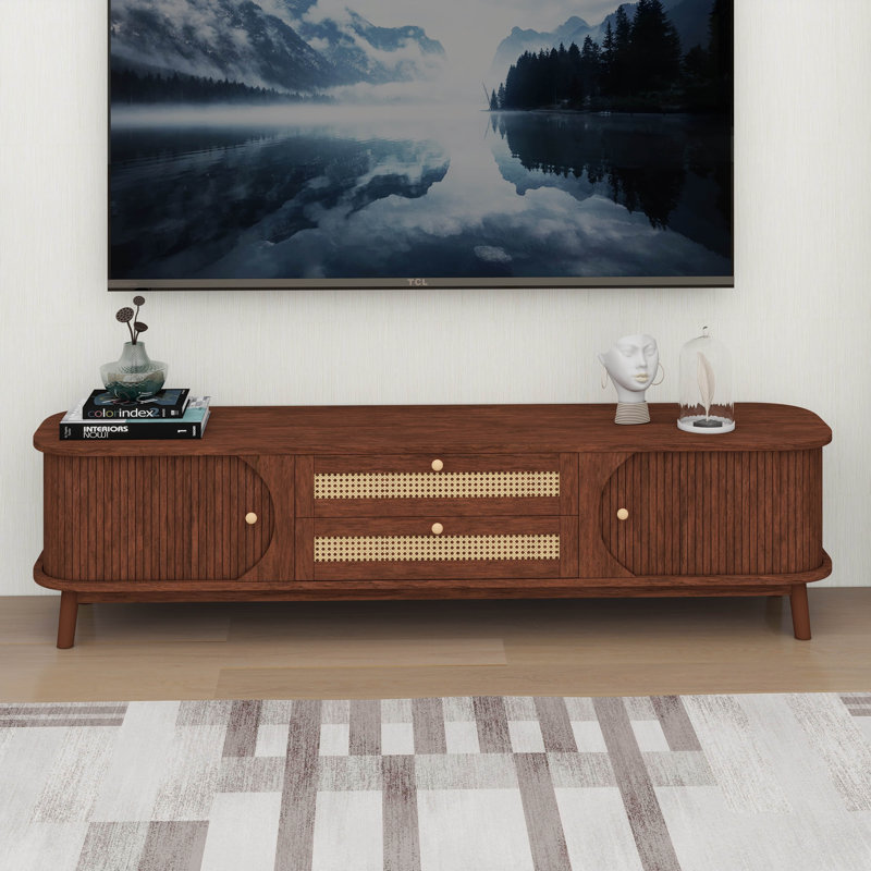 Rattan TV Stand For Tvs Up To 75", Entertainment Center With Solid Wood Legs, Natural Wood/Brown