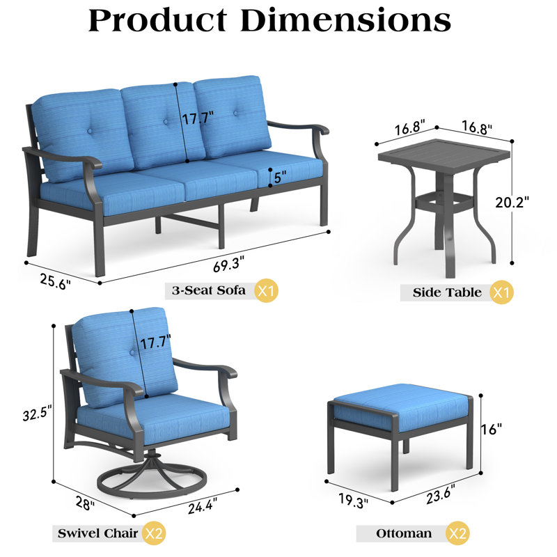 6 Piece Aluminum Patio Conversation Set, Outdoor Metal Furniture With 3-Seat Sofa, Rocking Swivel Chairs, Ottomans & Coffee Table, 5" Thick Cushions For Backyard, Poolside
