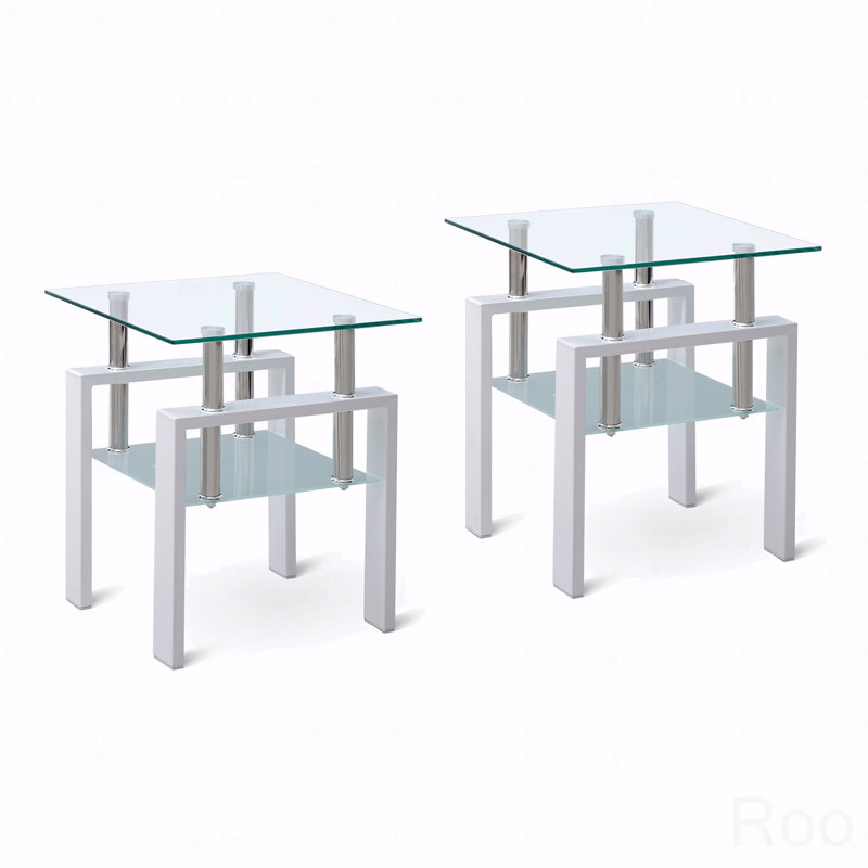 Table de bout en verre trempé blanc 2 pièces, 2 petites tables avec rangement, 20.47" H x 17.71" W x 17.71" D, 2