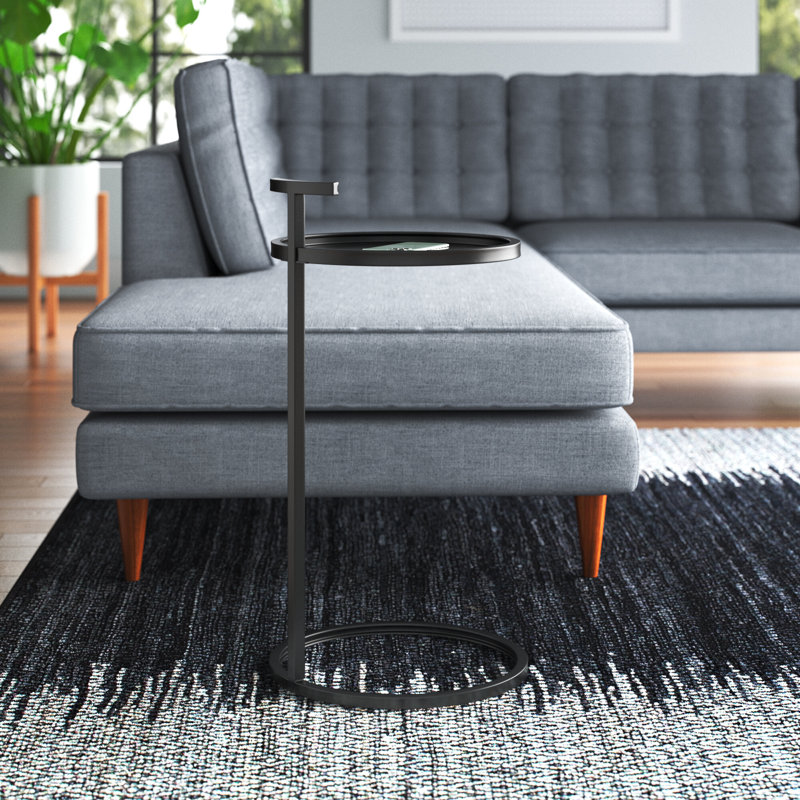 Auzie C-Shaped End Table with Iron Tray Top, 14" Dia, Black