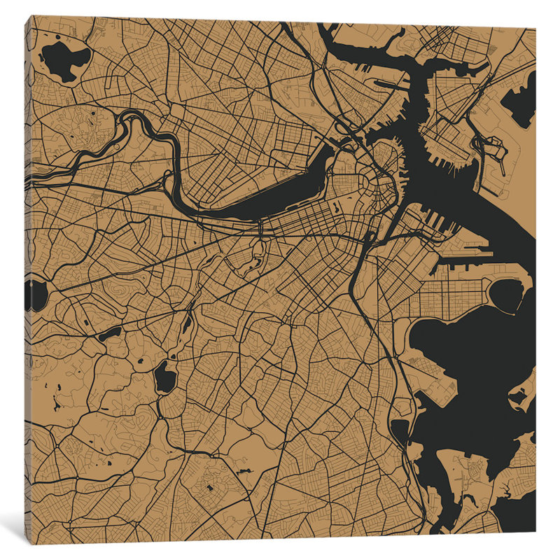 « boston urban routes map », impression carrée sur toile tendue, H 37 po x l 37 po x P 1,5 po, Toile tendue, Pas de tapis