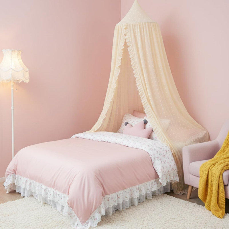 Bed Canopy With Pom Pom Lace Chiffon Canopy Bed Curtain(Ivory)