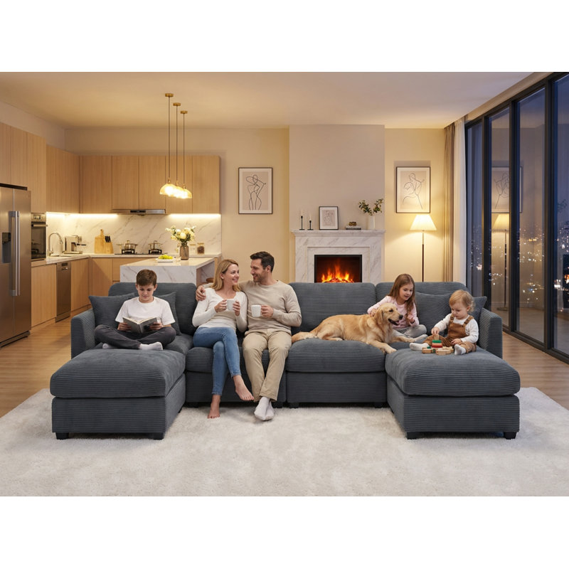 U-Shape Modular Sectional Sofa, 6-Seat Corduroy Convertible Couch with 2 Removable Ottomans & Throw Pillows, Oversized Corner Sofa with Ottoman Modules for Living Room, Apartment, Large Space