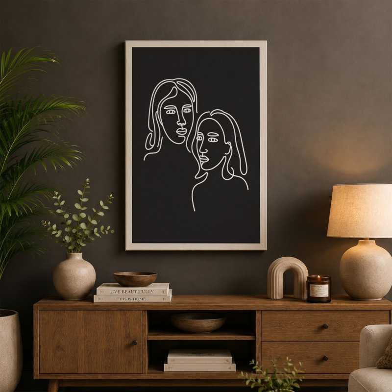Two Faces in Line Minimalist - Wrapped Canvas, 18x12 - 45.7 x 30.5 cm, Ochre Border