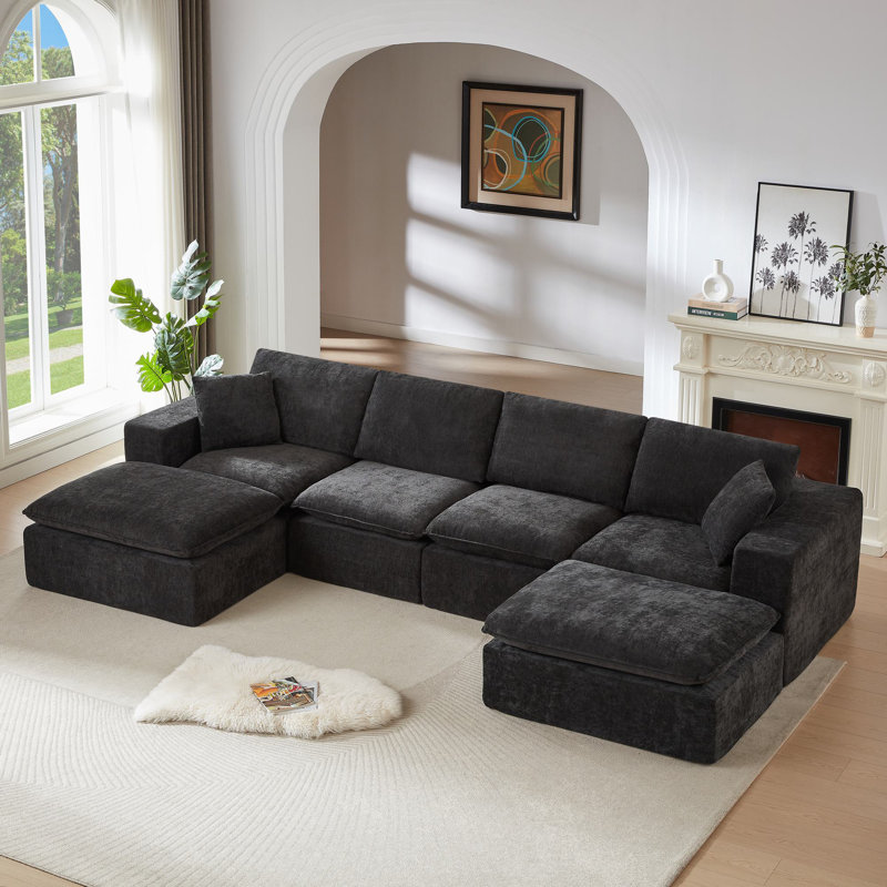 Canapé modulaire en chenille 6 pièces Soneson avec deux repose-pieds Soneson, Chenille noir