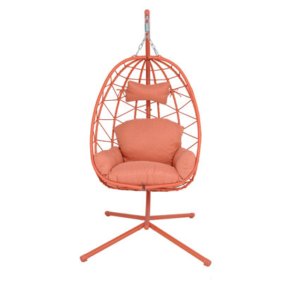 Hanging Egg Chair 39.4 x 39.4 x 74.8 Inch PE Rattan and Iron 1 Piece Patio Swing Hammock Chair Orange-Red Foldable with Stand and Washable Cushion