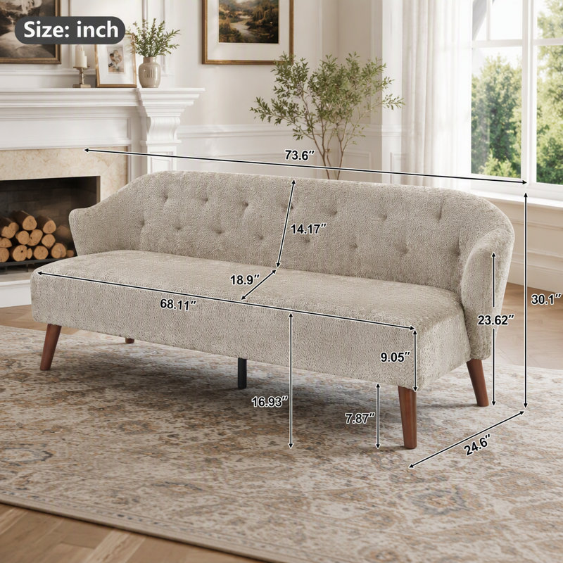 Canapé Mid-Century 3 places avec dossier capitonné et tissu moelleux, Tissu brun