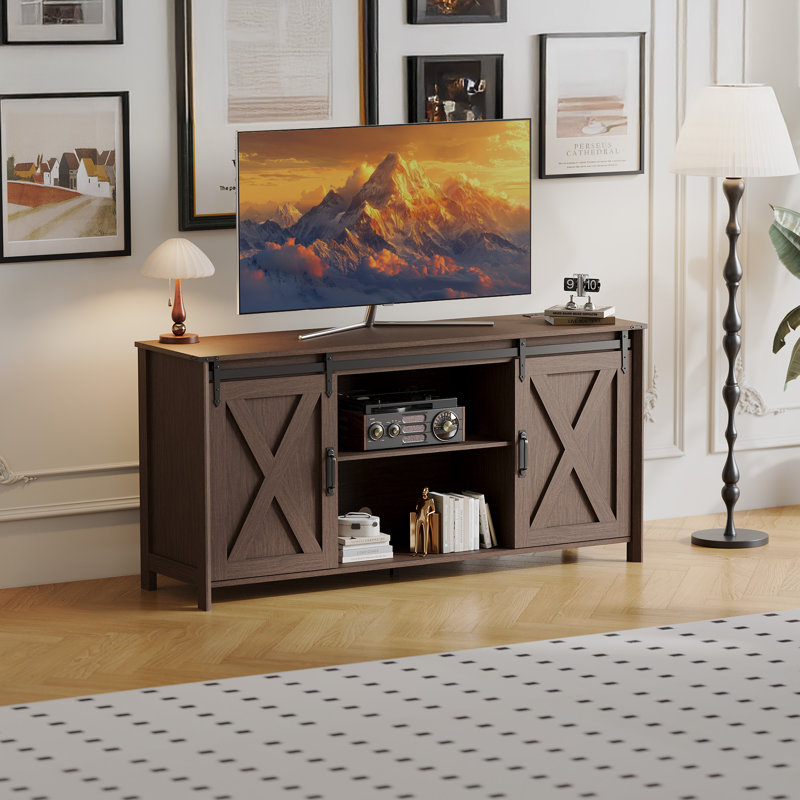 Tv Stand For Tvs Up To 70" with 2 Sliding Barn Doors and Built-In Charging Station, Brown