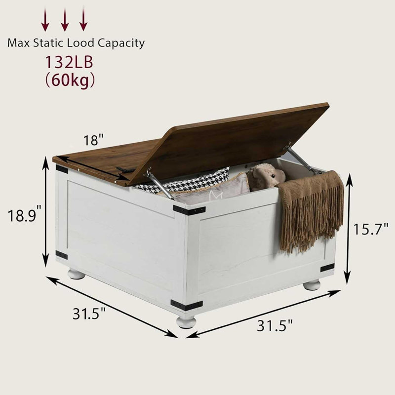 Paccione Single Coffee Table,Farmhouse Coffee Table with Storage, Large Square Coffee Table with Wood Gourd Feet and Hydraulic Gas Rod for Living Room