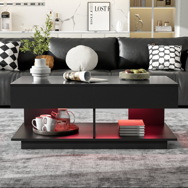 Table basse réglable avec conception intelligente et extensible, bande à DEL de 16 couleurs et plusieurs compartiments de rangement pour l'organisation du salon. Éclairage de 41,3 po à 76,7 po, beaucoup de rangement, ultrabrillant