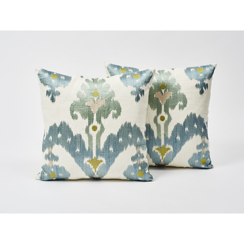 Raja Embroidery Pillow, Blue/Beige/Green, 18" x 18"