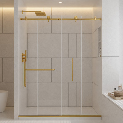 Cascada 56-60" W x 76" H Single Sliding Frameless Shower Door with Stainless Steel Top Rail and Handle,1/4" 6mm Tempered Glass,Brushed Gold