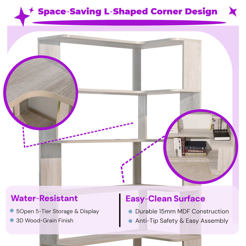 Unavela Freestanding Corner Bookshelf: Extended Size, Anti-Tipping Safety, Light Gray