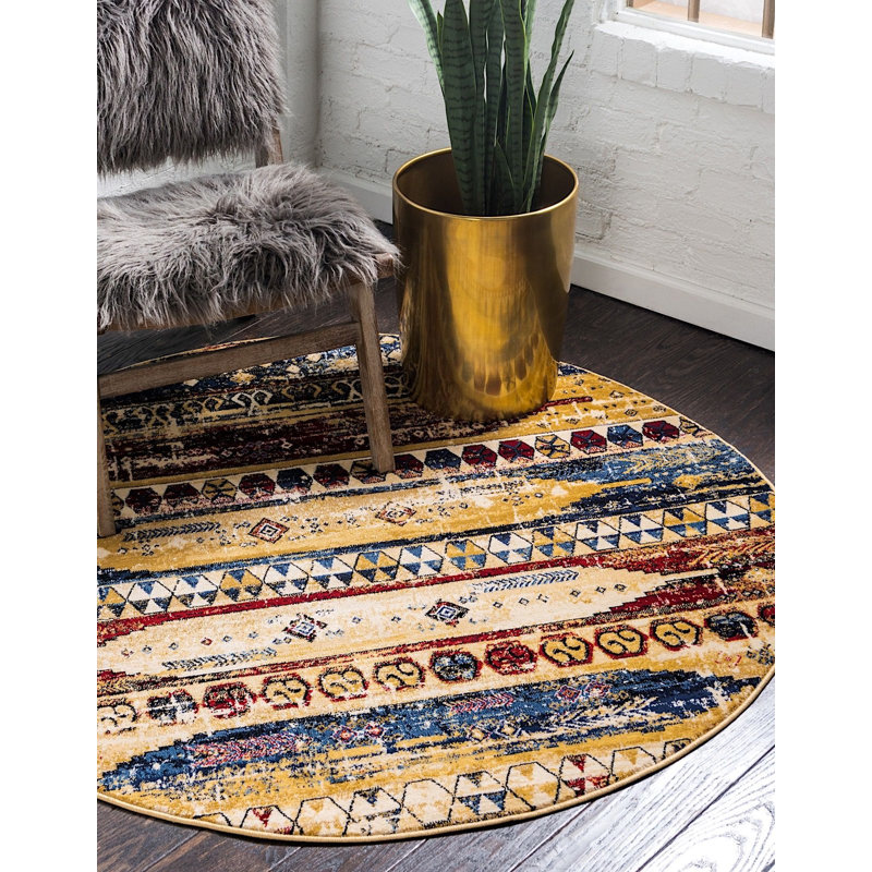 Tapis décoratif oriental beige/bleu/rouge, Rond 5 pi