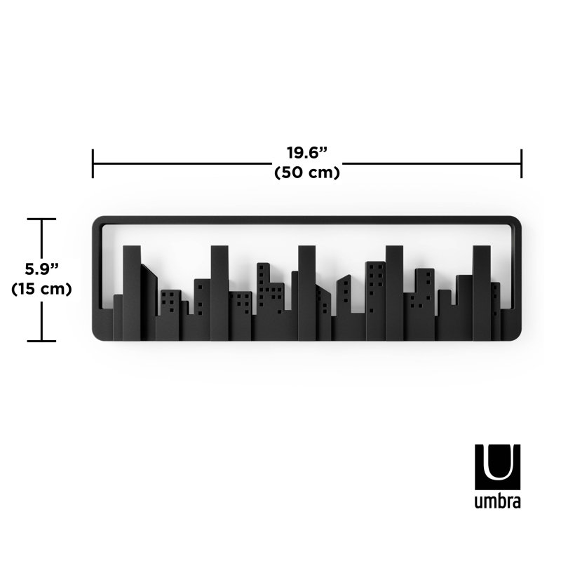 Black Skyline Industrial Wall Shelf with Flip-Down Hooks