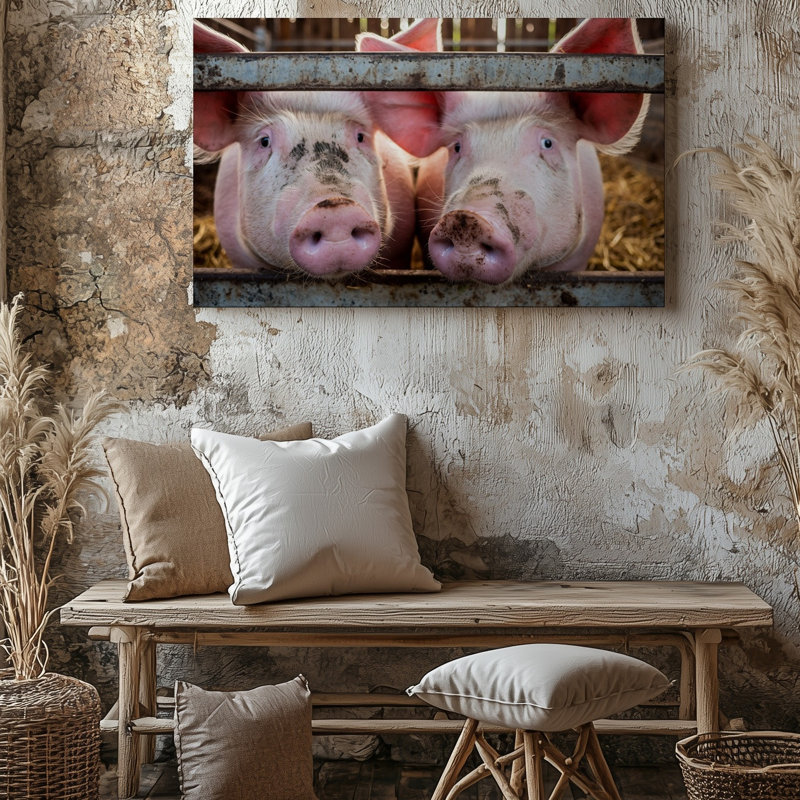Toile en gros plan, deux cochons roses avec art mural proéminent, museaux texturés et poils doux, H 20 po x l 20 po