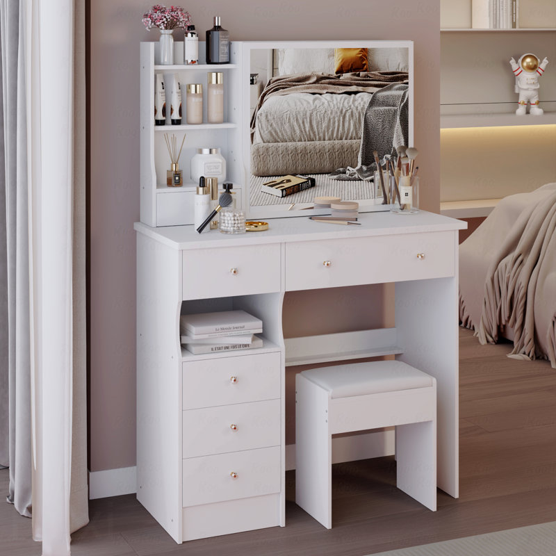 37" Middle Size Left Drawer Desktop Vanity Table + Cushioned Stool, Extra Large Right Sliding Mirror, Multi Layer High Capacity Storage, Practical Fashionable Dresser, Suitable For Large Space