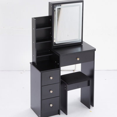 Black Vanity Table With Sliding Touch Led Mirror, Adjustable Intensity & Color Options, Cushioned Stool, , For Small Area Accommodation Compact Left Bedside Brightness Seat, Black, Tiny Spaces