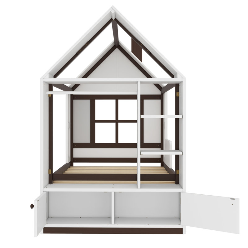Lit plateforme simple avec tiroirs, lit maison en bois massif avec tablettes, conception enfantine, blanc et espresso