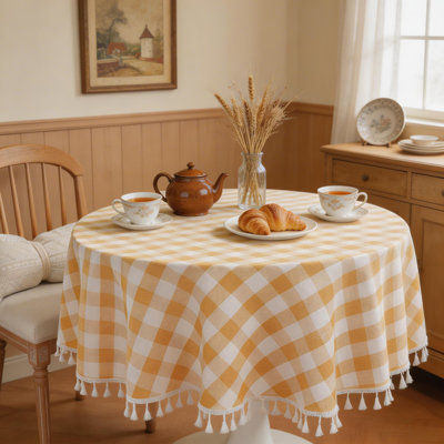 Yellow Checkered Round Tablecloth 60", Washable Cotton Linen Buffalo Plaid Table Cover With Tassels, Gingham Tablecloth For Spring Picnic, Fits 30-48" Table