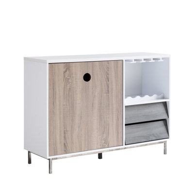 Wooden Display Cabinet With Drawer, Accommodates 6 Wine Bottles And Glasses, White & Dark Taupe Distressed Grey Drawer Holder, Rack, Design