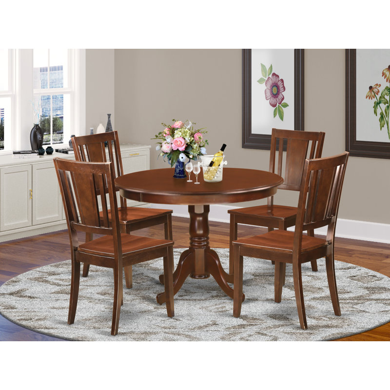 5 Piece Dining Set Includes a Round Dining Room Table with Pedestal and 4 Kitchen Chairs, Mahogany