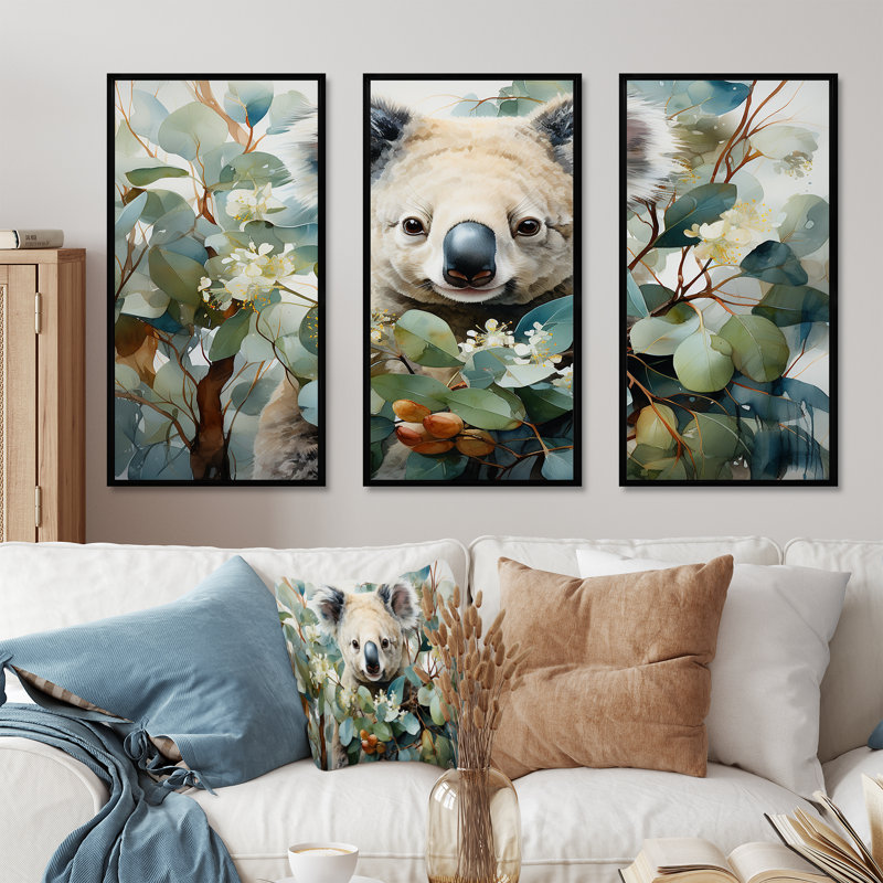 Aquarelle, arbre koala observateur 1 - Koala, art mural animal, Cadre flottant noir, H 40 po x l 60 po