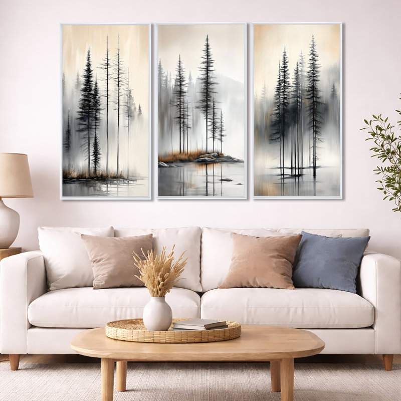 Décoration murale 3 pièces «Misty Summer Pines - Beige Pine», H 40 po x l 60 po, Cadre flottant blanc