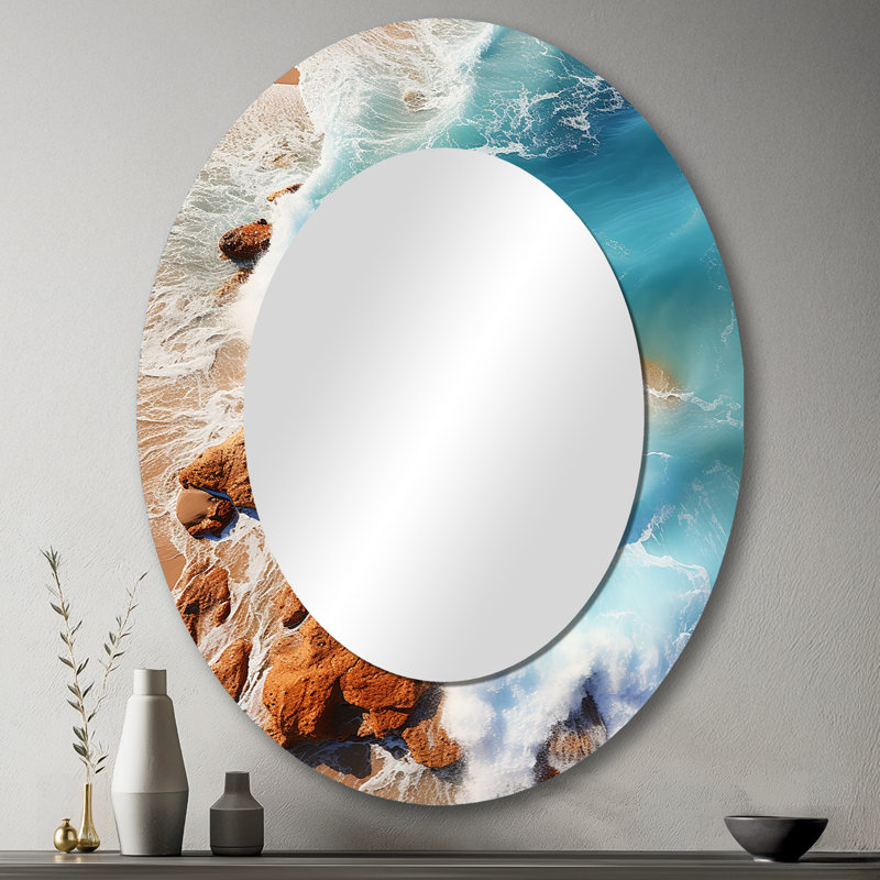 Vue aérienne de Rocky Beach II - miroir décoratif ovale côtier sur métal, 43 po x 33 po
