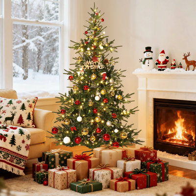 Sapin de Noël de 6 pi avec lumières, arbre de Noël artificiel pré-éclairé avec 300 lumières DEL blanc chaud et 678 branches, arbre de Noël articulé en PE et PVC pour la décoration des fêtes