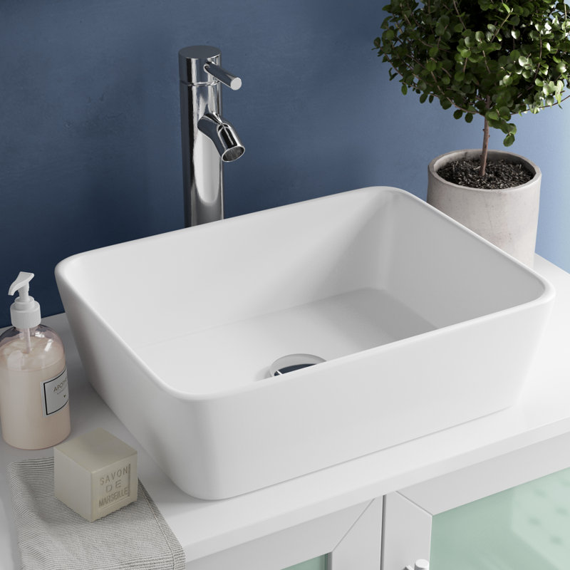 Ceramic Rectangular Vessel Bathroom Sink, Chrome