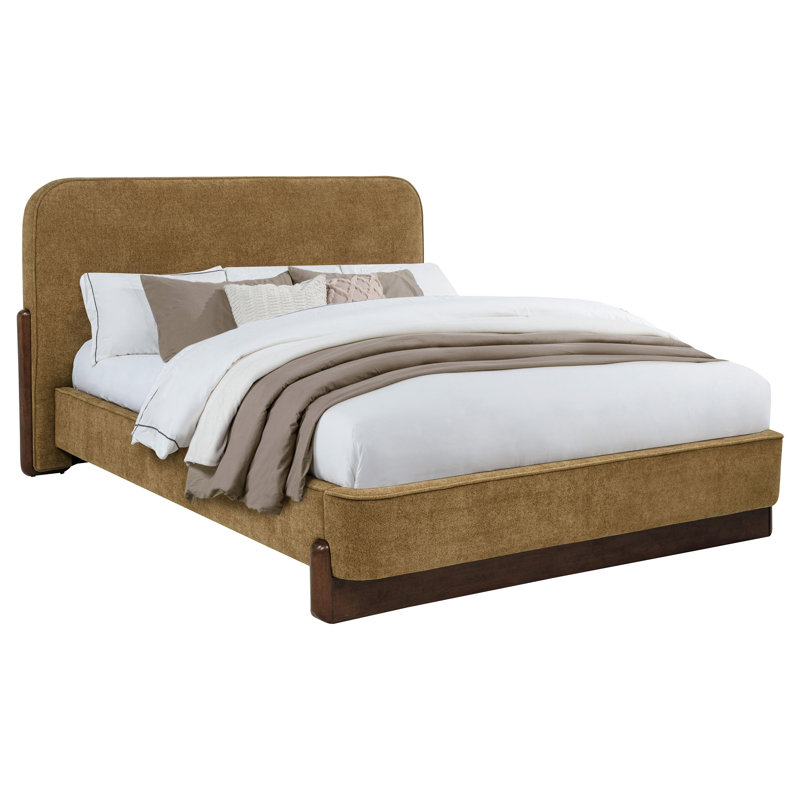 Lit plateforme tapissier grand Palmea Curry et noyer, Queen